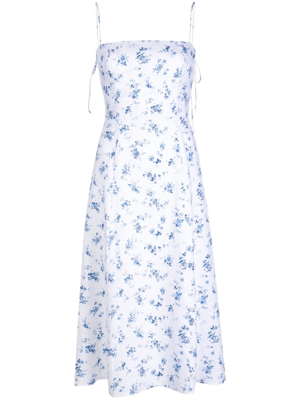 Reformation White Dress with Blue Floral Print and Spaghetti Straps